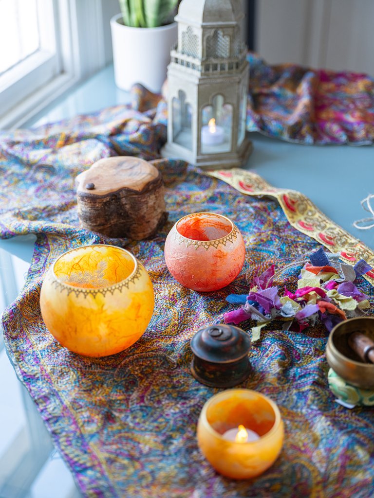 Alter for meditation beautiful candles and colourful fabric